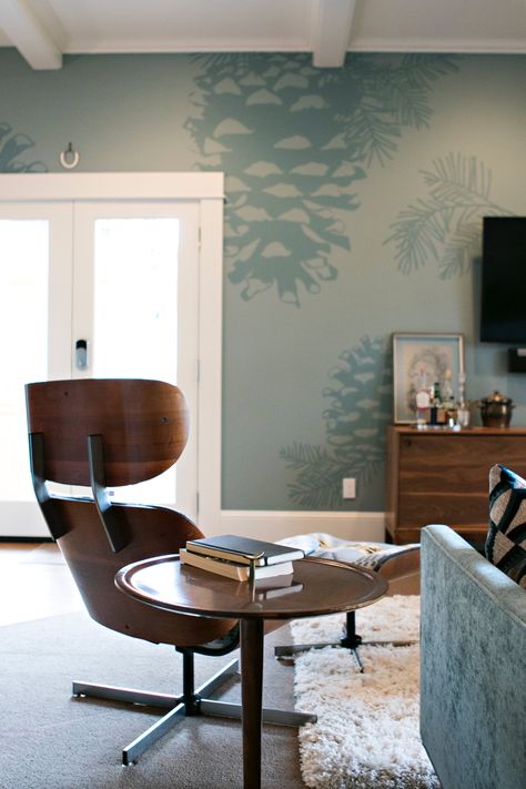 The same artist that painted the Rorschach blots in the entryway created monochromatic pine cones on one wall of the den. The credenza is custom from EWF Modern. Paint Inspiration, Inspired Furniture, The Den, Wall Finishes, Pine Cone, Remodel Ideas, Paint Finishes, Apartment Therapy, Pine Cones