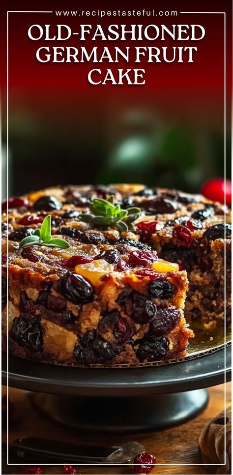 This Old-Fashioned German Fruit Cake is a spiced, fruit-filled treat perfect for the holiday season. With a combination of molasses, buttermilk, and a medley of dried fruits and nuts, this cake is a delightful twist on the classic fruitcake. Add rum or brandy for extra flavor, and let it age for a couple of weeks for the best taste! #germanfruitcake #holidaybaking #fruitcake #traditionalbaking #christmasdesserts #holidaytreats Molasses Fruit Cake, Fruit Cake Pound Cake, Fruit Cake Recipe With Alcohol, Old Fashion Fruitcake Recipes, Fruitcake Loaf Cake, Mrs Harvey’s White Fruitcake, Fruitcake Recipes With Dried Fruit, Fruit Cake Seven Layer Bars, Fruit Christmas Cake