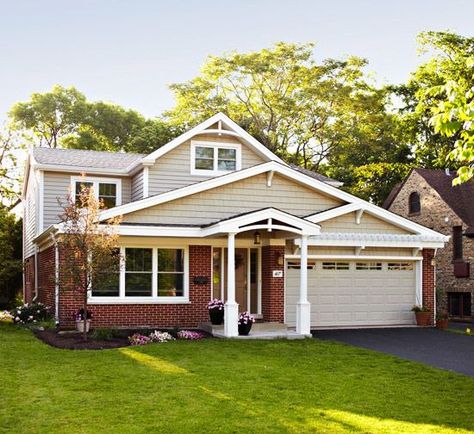 Red brick exterior with siding Brick House Colors, Red Brick Exteriors, Red Shutters, Garage Door Styles, White Siding, Revere Pewter, Red Brick House, Brick Exterior House, House Color Schemes