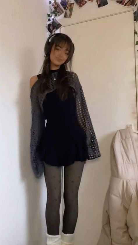 Leg Strap Outfit, Cute Slip Dress Outfits, Slight Goth Outfits, Ddd Cup Outfits, Fright Night Outfit Ideas, Black Open Knit Sweater Outfit, Dark Barbie Aesthetic Outfit, Delicate Feminine Outfits, Black Top And Black Skirt Outfit