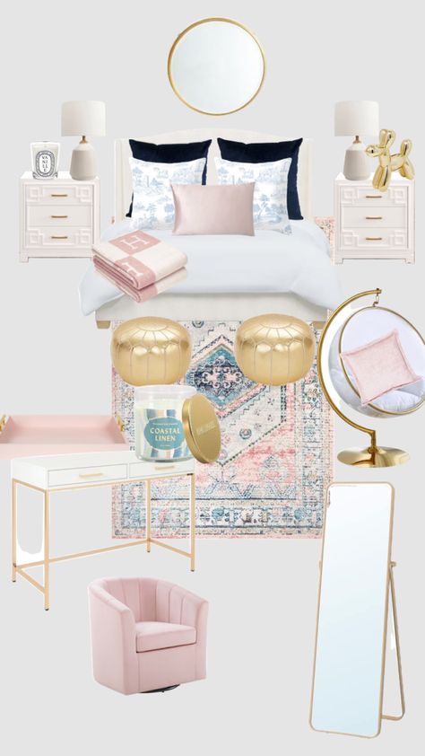 Preppy Room Closet, Blue Pink White And Gold Bedroom, Pink Blue And Gold Bedroom, Cute Curtain Ideas For Bedroom, Pink Bedroom Mood Board, Light Pink And Blue Room Aesthetic, Preppy College Bedroom, Pink Blue And White Bedroom, Bedroom Pastel Colors Room Ideas