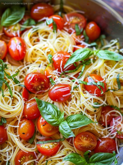 Savor The Season With Summer Garden Pasta - A Fresh Feast - My Home Made Recipe Ina Garten Summer Garden Pasta, Dinner With Basil, Summer Tomato Pasta, Garden Tomato Recipes, Summer Garden Pasta, Pasta Summer, Summer Tomato Recipe, Loaded Broccoli, Dinner Spread