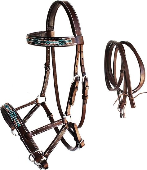 Challenger sidepull bridle is hand crafted from quality full grain leather and comes beautifully accented with a beaded inlay. Sidepulls are a perfect bitless training aid for horses that are not bit ready or for those who have sensitive or injured mouths. Bridle comes fully padded for comfort. Sidepull Bridle, Bitless Bridle, Horse Western, Horse Bridle, Horse Supplies, Western Leather, Full Grain Leather, Rust, Hand Crafted