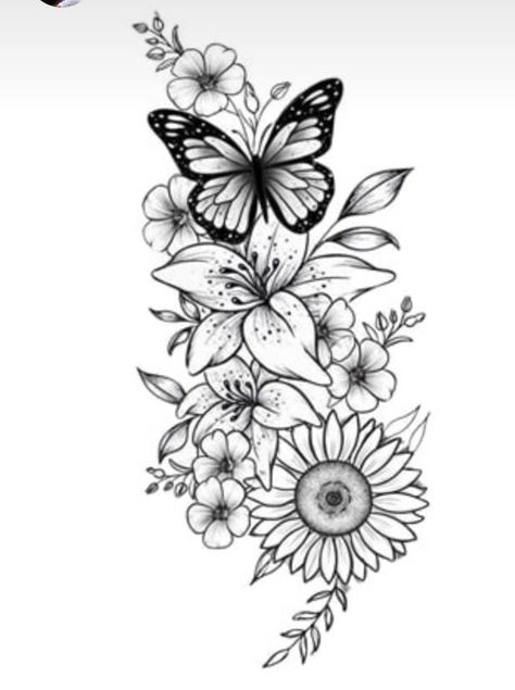 Lilly Half Sleeve Tattoo, Sunflower Lily Tattoo Design, Tiger Lily Butterfly Tattoo, Sunflowers And Lilies Tattoo, Sunflower And Lily Tattoo Half Sleeves, Stargazer Lily And Butterfly Tattoo, Lily And Sunflower Tattoo Design, Lilly And Sunflower Tattoo, Hibiscus Butterfly Tattoo