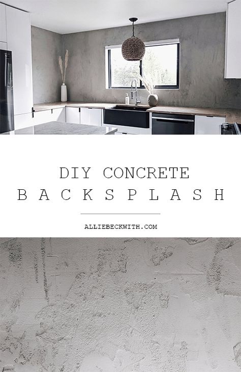 Had so much fun doing this DIY concrete backsplash! Such a great addition to my minimalist interior style. Concrete Countertop Backsplash, Concrete Countertop And Backsplash, Concrete Kitchen Wall, Concrete Walls Interior Basements, Bathroom Concrete Wall, Concrete Style Wall, Concrete Wall Ideas Interior, Faux Concrete Backsplash, Textured Hallway Walls