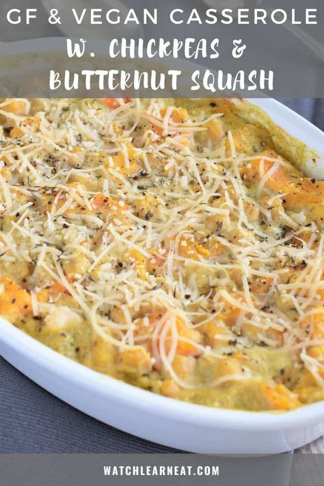 This creamy Vegan Casserole with Chickpeas and Butternut Squash is perfect for serving as a hearty side or starring as a meatless main! Although this chickpea-butternut squash casserole is infused with the signature fall flavors of sage and thyme, you will want to eat this dish all year long! Perfect for the holidays too! #thanksgiving #holidayrecipes #christmasrecipes #veganrecipes #glutenfreerecipes #dairyfreerecipes #chickpeas #glutenfreedairyfreerecipes #glutenfreeveganrecipes Vegan Butternut Squash Crockpot Recipes, Vegan Butternut Squash Recipes Main Dishes, Chickpea Casserole Vegan, Vegan Butternut Squash Casserole, Vegan Winter Squash Recipes, Vegan Butternut Squash Casserole Recipes, Vegan Half And Half, Vegan Squash Casserole, Vegan Squash Recipes