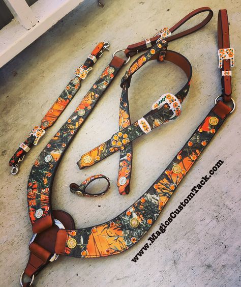 Orange Horse Tack, Wither Strap, Paint Leather, Western Horse Tack, Orange Camo, Horse Gear, Shotgun Shell, Western Horse, Painting Leather