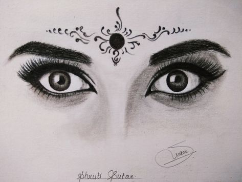 Goddess Eyes Drawing, Goddess Sketch Pencil, Traditional Pencil Sketches Indian, Indian Goddess Sketch, Charcoal Eyes Sketch, Indian Eyes Drawing, Krishna Eyes Sketch, Parvathi Drawing, Laxmi Goddess Drawing