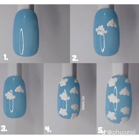 Summer Nails Beginners, How To Draw Clouds On Nails, How To Draw Nail Art, Nails Art Paso A Paso, Cloud Nails, Line Nail Art, Art Deco Nails, Nail Drawing, Nail Techniques