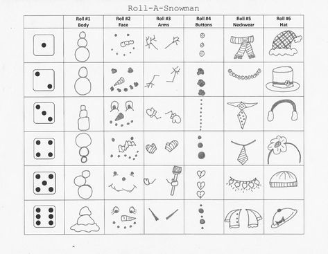 Roll-a-Snowman activity that can be used as a game, group activity, or sub plan.  Need to have 6-sided dice. Art Sub Lessons, Art Sub Plans, Art Handouts, Winter Art Lesson, Snowmen Activities, Rolling Dice, Winter Art Projects, Art Worksheets, White Drawing