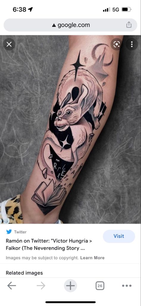 Never Ending Story Dragon Tattoo, Falcor Dragon Tattoo, Never Ending Story Tattoo Ideas, The Never Ending Story Tattoo, Falcor Neverending Story Tattoo, Falkor The Neverending Story Tattoo, Falkor Tattoo, Never Ending Story Tattoo, Neverending Story Tattoo