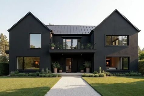 25+ Black Modern Farmhouse Inspo Ideas for Your Dream Home Ranch House Inspiration, All Black Barndominium, White House Black Trim Exterior, Black Modern Farmhouse Exterior, White House Black Trim, Dark House Exterior, Black Modern Farmhouse, Dark House, Modern Farmhouse Exterior