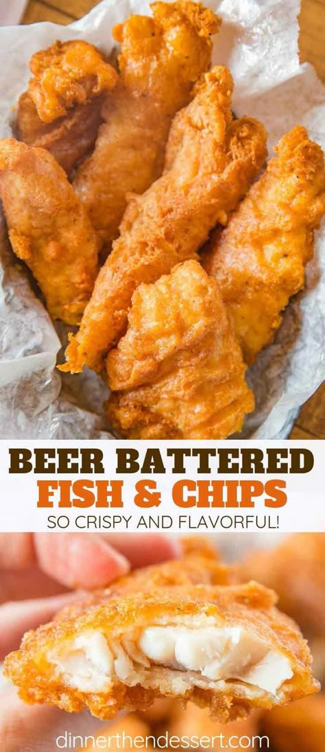 Beer Battered Fish made with fresh cod filets dipped in seasoned beer batter and fried until golden brown and crispy, EASY to make and ready in only a few minutes! #fish #fishandchips #friedfoods #fry #cod #crispy #dinner #cooking #dinnerthendessert #FishRecipes Beer Battered Fish And Chips, Battered Fish And Chips, Cod Filets, Beer Battered Fish Recipes, Fish Batter Recipe, Fried Cod, Fish Recipes Baked, Fish Dinner Recipes, Beer Battered Fish