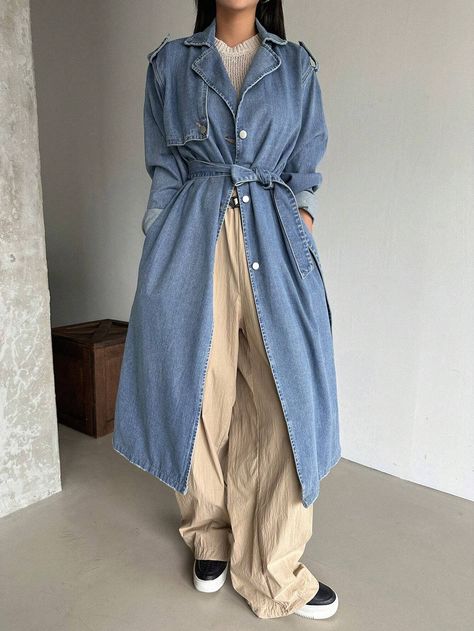 DAZY Drop Shoulder Belted Denim Coat | SHEIN Long Denim Jacket Outfit, Denim Trench Coat Outfit, Trench Outfit, Long Denim Jacket, Denim Coat Women, Trench Coat Outfit, Denim Trench Coat, Denim Jacket Outfit, Trouser Outfits