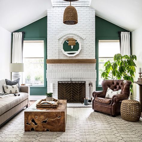 The Beauty and Intimacy of a Dark Green Wall Home Ideas Kitchen, White Brick Fireplace, Home Drawing, Modern Farmhouse Kitchen Decor, Drawing Home, Modern Living Room Ideas, Green Accent Walls, Dark Green Walls, Modern Farmhouse Kitchen