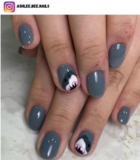 Shark Nail Art Design, Shark Nails Designs, Jaws Nail Art, Shark Nail Ideas, Shark Fin Nails, Shark Nails Art, Shark Themed Nails, Shark Inspired Nails, Nerd Nail Art