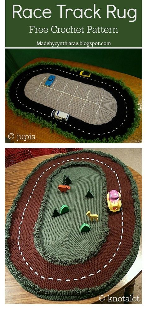 Race Track Rug Free Crochet Pattern #freecrochetpattern #crochetpattern #rugpattern Crochet Race Car Track Pattern, Crochet Race Track, Crochet Road Rug, Crochet Race Track Rug Free Pattern, Crochet Racetrack Rug Pattern, Crochet Race Track Rug Pattern, Racetrack Rug, Race Track Rug, Crochet Baby Rug