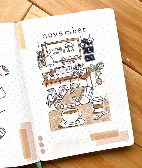 @cloudsanddots on Instagram: “November theme!! I got comments to do a cozy/coffee theme this month. I thought it was perfect! It has been really rainy and I miss…” Bujo Planner, Bullet Journal 2019, Bullet Journal Cover Page, Bullet Journal Cover Ideas, Bullet Journal Paper, Coffee Theme, Bullet Journal Mood, Bullet Journal Aesthetic, Bullet Journal Notebook