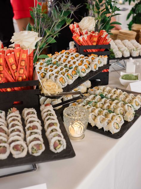 Sushi, anyone?? @elizabethelkins.events @carolinagirlyacht @jaydeephotos_ @crucatering Sushi Wedding Reception, Sushi Bar Wedding Receptions, Asian Food Station Wedding, Sushi Cocktail Party, Wedding Sushi Station, Sushi Engagement Party, Sushi Bar At Wedding, Sushi Bar Party, Sushi Party Ideas Table Settings