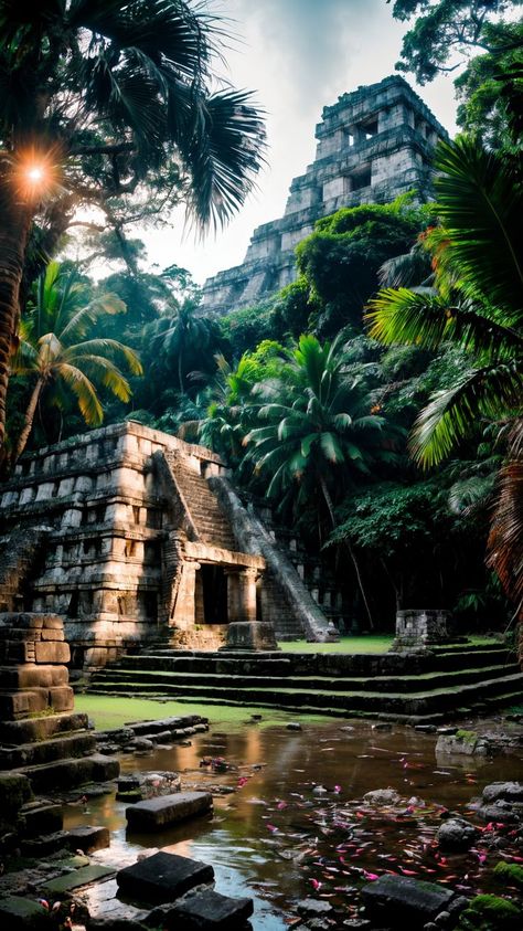 A stunning image of Mayan ruins in the Amazon Wilderness wallpaper for iPhone and Android. Wilderness Wallpaper, Ruins Landscape, Aztec City, Mayan Architecture, Mexico Wallpaper, Aztec Artwork, Aztec Wallpaper, Lost City Of Atlantis, Mayan Art