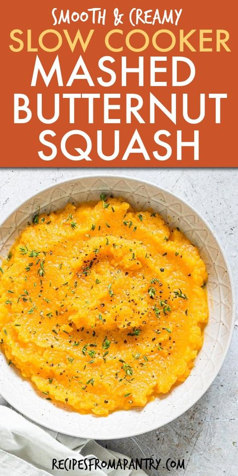 Easy Crockpot Mashed Butternut Squash is a family-friendly, colorful, and vibrant side dish that will perfectly complement all your meals! Gluten free and vegan butternut squash mash is just the thing for your holiday table or for simple weeknight dinners. Plus it's great for meal prep too. Click through to get this awesome recipe!! #slowcookerrecipes #crockpot #slowcooker #mashedbutternutsquash #glutenfreerecipes #veganrecipes #butternutsquash #holidayrecipes #wwrecipes #whole30 #paleo Butternut Squash Recipes Crockpot, Crockpot Butternut Squash Recipes, Butternut Squash In Crockpot, Butternut Squash Crockpot Recipes, Squash Crockpot Recipes, Mashed Butternut Squash Recipes, Squash In Crockpot, Crockpot Squash, Slow Cooker Squash