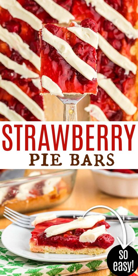 Why not make a pan of these easy Strawberry Pie Bars? From the delicious crust to the cream cheese glaze these fruit filled bars are a crowd pleaser! If you love strawberry desserts, this recipe is a must-try. Easy Jelly Roll Pan Bars, Strawberry Pie Bars, Peach Pie Bars, Easy Strawberry Pie, Squares Recipes, Rhubarb Recipes Pie, Pie Bars Recipe, Sweet Deserts, Bar Desserts