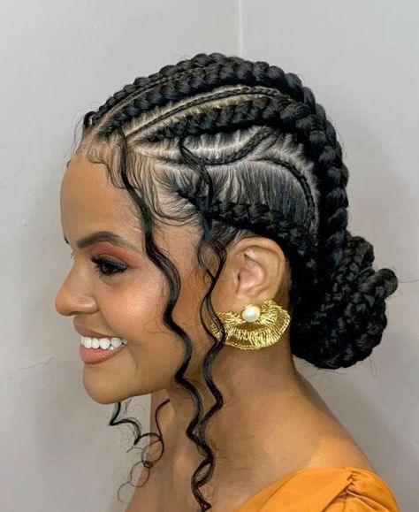 Mixed Braids Hairstyles Black, Low Ponytail Hairstyles For Black Women Braids, Curly Stitch Braids, Boricua Hairstyles, Braid And Ponytail Hairstyles Black, Stitch Braid Bun With Curls, Goddess Cornrows Buns, Updo Braided Hairstyles For Black Women, Vacay Hairstyles Black Women