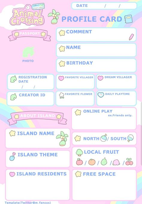 Kawaii Activity Sheets, Hello Kitty Acnh, Acnh Furniture, About Me Template, Character Sheet Template, Animal Crossing Guide, Note Writing Paper, Island Theme, New Animal Crossing