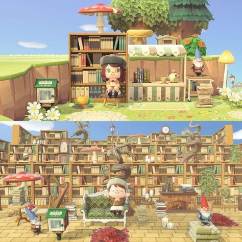 Kindred Horizons on Instagram: "✨ Glow Up by Sophie ✨ 'I remember creating this little library in 2020 so clearly. It was one of my first 'builds'. I'd finally worked out what custom designs were and I had just found the tiny library and mush parasol recipes in the same week. All I wanted was to make a little Parisan bookshop. Little did know, this build would go on to inspire a whole bookcore island. For my Glow Up, I really wanted to create a library that had started to become a little encha Animal Crossing Library, Acnh Strawberry, Book Core, Tiny Library, Bookstore Design, Cozy Library, Mini Library, Acnh Inspo, Easy Build