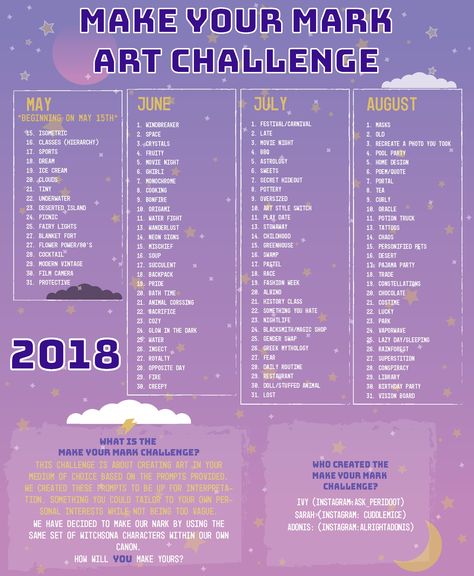 「MAKE YOUR MARK: ART CHALLENGE」 ‍ ✏️This art challenge is about creating things in your medium of choice based on the prompts. We created these prompts to be up for interpretation, something you could tailor to your own personal interests while not being too vague. We have decided to make our mark by using the same set of witchsona characters within our own canon. How will YOU make your’s?  #makeyourmarkartchallenge 2023 Art Prompts, June Art Challenge 2024, Pride Art Challenge, Pride Month Art Prompts, Background Art Challenge, Cute Art Prompts, Art Prompts Challenges, May Art Challenge, Art Challenge 2023