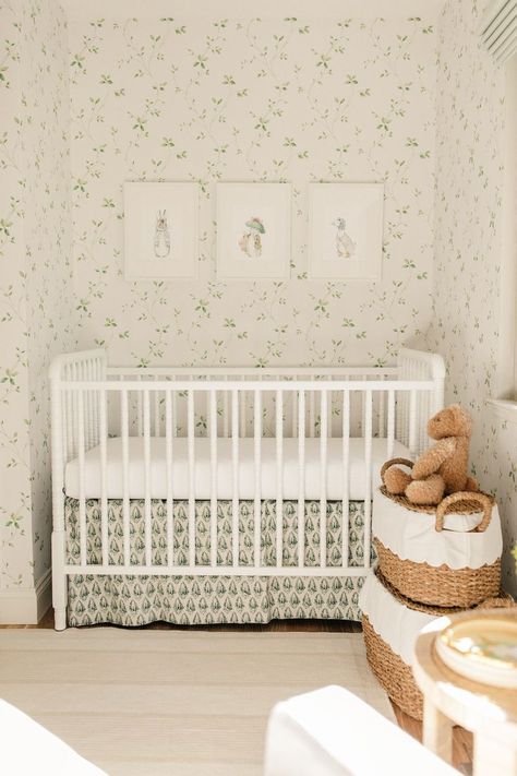 Green floral wallpaper baby girl nursery decor inspo  inspiration. Nursery interior design Green Feminine Nursery, Kids Floral Wallpaper, Green Toile Nursery, Girly Nursery Ideas Green, Light Green Floral Wallpaper, Green Garden Nursery, Vintage Wallpaper Nursery, Cottage Garden Nursery, Green Gingham Nursery