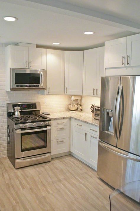 Small Kitchen With Big Fridge, Stove And Microwave Combo, Kitchen Bottom Cabinet Organization, Adele Kitchen, White Corner Kitchen, White Ikea Kitchen, Small White Kitchens, Gray Tile, Cambria Countertops