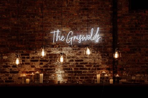 Neon Sign Brick Wall Wedding, Brick Wall With Neon Sign, Neon Sign On Brick Wall, Brick Wall Neon Sign, Booth Lighting, Brick Wall Backdrop, Entry Wall, Industrial Wedding Venues, Office Interior Design Modern