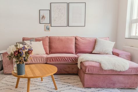 Looking to transform your IKEA couch? Click through to find out where I got these custom IKEA couch covers in a beautiful pink velvet! Of course, there's loads of other colors and fabrics to choose from too! // PIN FOR LATER // #ikea #ikeakivik #pinkvelvetcouch #pinkvelvetsofa #velvetsofa #velvetcouch #ikeahack #ikeamakeover #ikeacouch Cute Couch Covers, Pink Couches, Pink Couch Living Room, Pink Sofa Living Room, Pink Velvet Couch, Kivik Sofa, Ikea Couch Covers, Pink Velvet Sofa, Ikea Kivik