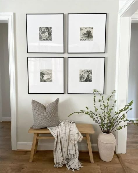 Awkward Entry Way Ideas, Entry Way Modern Farmhouse Ideas, Art Wall Entryway, Entryway Ideas Pictures, Entryway Ideas Plants, Picture Wall With Bench, Simple Clean Home Decor, Cheap Entryway Ideas Budget, Gallery Wall With Bench Underneath