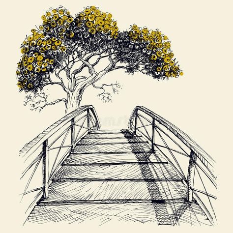 Wooden bridge arch and blooming tree vector illustration River Drawing, Fall Leaves Background, Vintage Flower Backgrounds, Bridge Tattoo, Forest Sketch, Tree Vector Illustration, Bridge Drawing, Palm Tree Drawing, Boat Vector