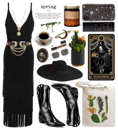 spring midi Outfit | ShopLook #street #fashion #set #outfit #ideas #chic #look #stylish #shoplook #polyvore #midi #dress Black Boho Chic Outfit, Witchy Vibes Outfit Modern, Rock Chic Summer Outfits, Everyday Boho Outfits, Spring Witch Outfit, Black Boho Outfits, Boho Witch Outfits, Boho Goth Outfits, Boho Rocker Chic Style