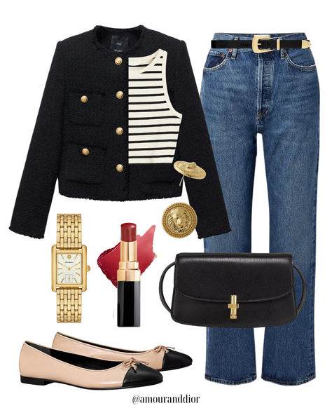 A striped tee with a black lady jacket cardigan for fall 🍁🍂 Fall outfit, ballet flats, dark denim, black cardigan, The Row, gold jewelry, lady jacket, work outfit, workwear, office outfit All Black With Denim Jacket, Navy Tweed Jacket Outfit Women, Black Jacket With Gold Buttons Outfit, Lady Cardigan Outfit, Black Lady Jacket Outfit, Black Boucle Jacket Outfit, Demin Jacket Outfit Women, How To Style A Black Cardigan, Lady Jacket Outfit