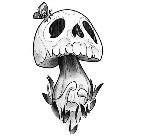 Trippy Skull Drawing, Easy Skull Tattoo Outline, Simple Tattoo Drawings, Creepy Mushroom, Tattoo Art Drawings Sketches, Petit Tattoo, Cool Tattoo Drawings, Mushroom Drawing, Spooky Tattoos