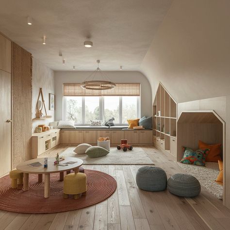 Play Area Next To Living Room, Kids Montessori Playroom, Kids Playroom Aesthetic, Scandinavian Childrens Room, Japandi Children Room, Childrens Play Area In Living Room, Kids Room Play Area, Japandi Playroom, Playroom Scandinavian