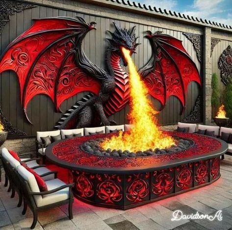 Unusual Fireplaces, Dragon Fireplace, Dragon Fire Pit, Dragon Furniture, Medieval Halloween, Bad Clothes, Dragon Castle, Red Goth, Weird Furniture