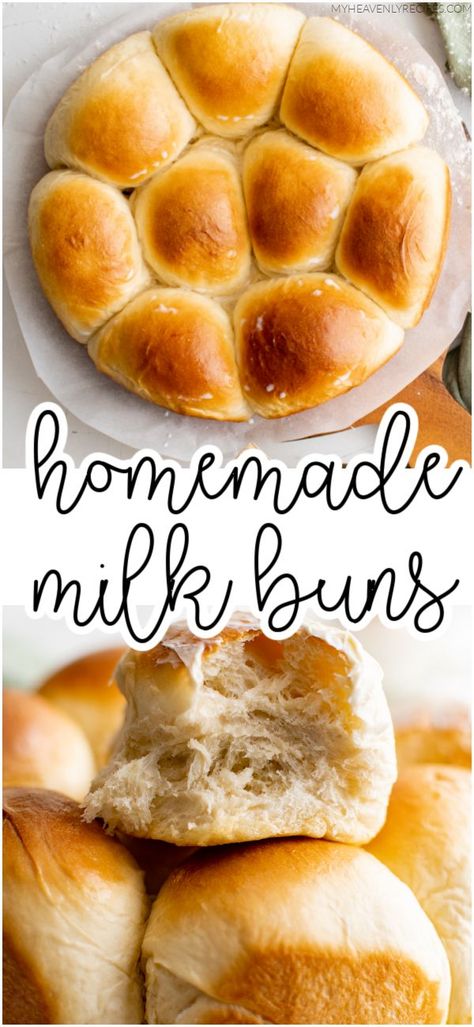 Homemade Milk Buns Recipe- delicious easy soft rolls to make at home! Milk rolls, milk buns recipe. Perfect for a side dish at thanksgiving or christmas parties. They go great with butter and dipped in gravy! Easy bake at home buns. Soft Butter Bun Recipe, Milk Bread Buns, Milk Bread Rolls Recipe, Home Made Buns Recipe Easy, Butter Buns Recipe, Milk Brioche Recipe, Milk Brioche Rolls, Quick Buns Recipe, Homemade Buns Easy