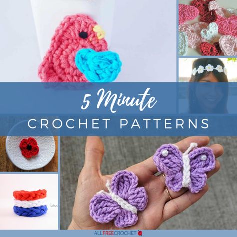 Are you ready to crochet at the speed of light? Grab your hook and yarn and get ready to create a cute new crochet project!If youre looking for cute things to crochet, all of these quick and easy crochet patterns can be worked up in just a few minutes. Even if youre a slow crocheter, these fast crochet patterns wont take you all day to complete. Easy Crochet Flower, Scrap Yarn Crochet, Fast Crochet, Crochet Butterfly Pattern, Crochet Flowers Easy, Applique Tutorial, Quick Crochet Patterns, Easy Crochet Projects, Crochet Butterfly