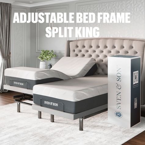 This split king adjustable bed frame will promote better sleep and comes with cooling gel 14" memory foam mattresses, wireless remote with app, dual massage, lumbar support, pillow tilt, USB ports, and a 10 year warranty. The unique bed frame design will eliminate snoring, reduce heartburn, improve circulation and air flow. Unique Bed Frame, Unique Bed Frames, Mattress Platform, Under Bed Lighting, Bed Base Frame, Lumbar Support Pillow, King Home, Unique Bed, Adjustable Bed Base