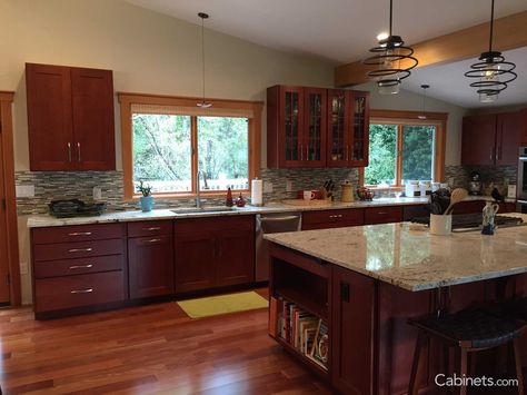 Shaker Cherry Cranberry Stained Wood Kitchen Cabinets, Stained Wood Kitchen, Buy Kitchen Cabinets, Light Grey Kitchen Cabinets, Cherry Wood Cabinets, Kitchen Remodel Plans, Modular Kitchen Cabinets, Order Kitchen, Online Kitchen Cabinets