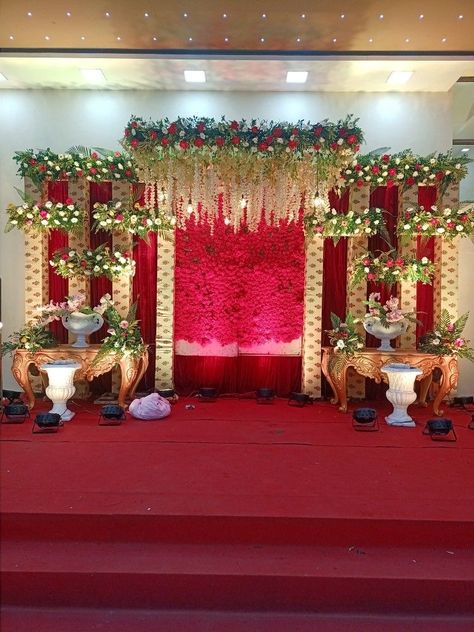 Indian Baby Shower Decorations, Small Wedding Decor, Engagement Stage, Engagement Stage Decoration, Reception Stage Decor, Simple Stage Decorations, Reception Stage, Gate Decoration, Ganpati Decoration At Home