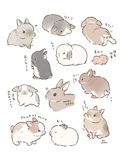 Rabbit Drawings Cute, White Bunny Illustration, Bunnies Reference, Types Of Bunny Breeds, Bunny Eating Strawberry Drawing, Lop Bunny Aesthetic, Fluffy Bunny Drawing, Chibi Animal Poses, Stuffed Bunny Drawing