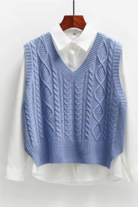 Women Short Knitted Sweater Sleeveless Korean Women Solid Color Loose Vest Cropped Cable Knit Sweater, Cable Knit Vest, Outwear Fashion, Sleeveless Jumper, Stylish Coat, Blue Vests, Sweater Vest Women, Sleeveless Pullover, Blue Sweater