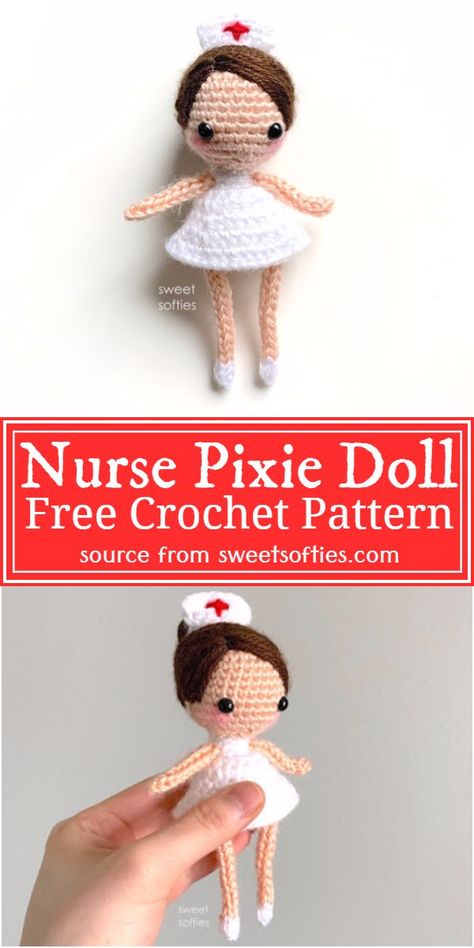 Free Crochet Nurse Pixie Doll Pattern#freecrochetpattern #crochetnurse #freecrochetnurse #freecrochetnursepattern Amigurumi Nurse Pattern Free Crochet, Nurse Crochet Pattern Free, Crochet Nurse Doll, Crochet Animals Tutorial, Cute Mini Animals, Fathers Day Crafts For Preschoolers, Crochet Animals Easy, Cute Mini Crochet, Crochet Ocean Animals