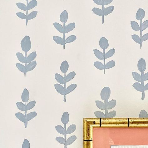 Emily A. Clark on Instagram: "Sharing the details of this #handpainted wall on the blog today and linking it in my stories. 🖌️ #EACcolonial #diy #wallpaper #painting #paint #pattern #girlbedroom #howihome #mytradhome #blockprint #diyhome #chinoiserie #chinoiseriedecor" Block Print Stencil Wall, Laundry Room Mural Accent Walls, Painting Pattern On Wall, Easy Painted Wallpaper, Block Printed Wallpaper, Stencil Nursery Wall, Paint Instead Of Wallpaper, Hand Stamped Wall, Wall Stamp Painting Diy